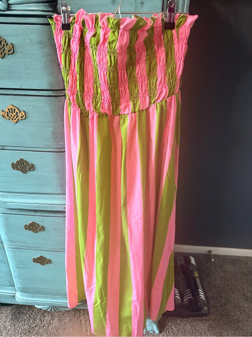 Pink and Lime Striped Smocked Midi Dress